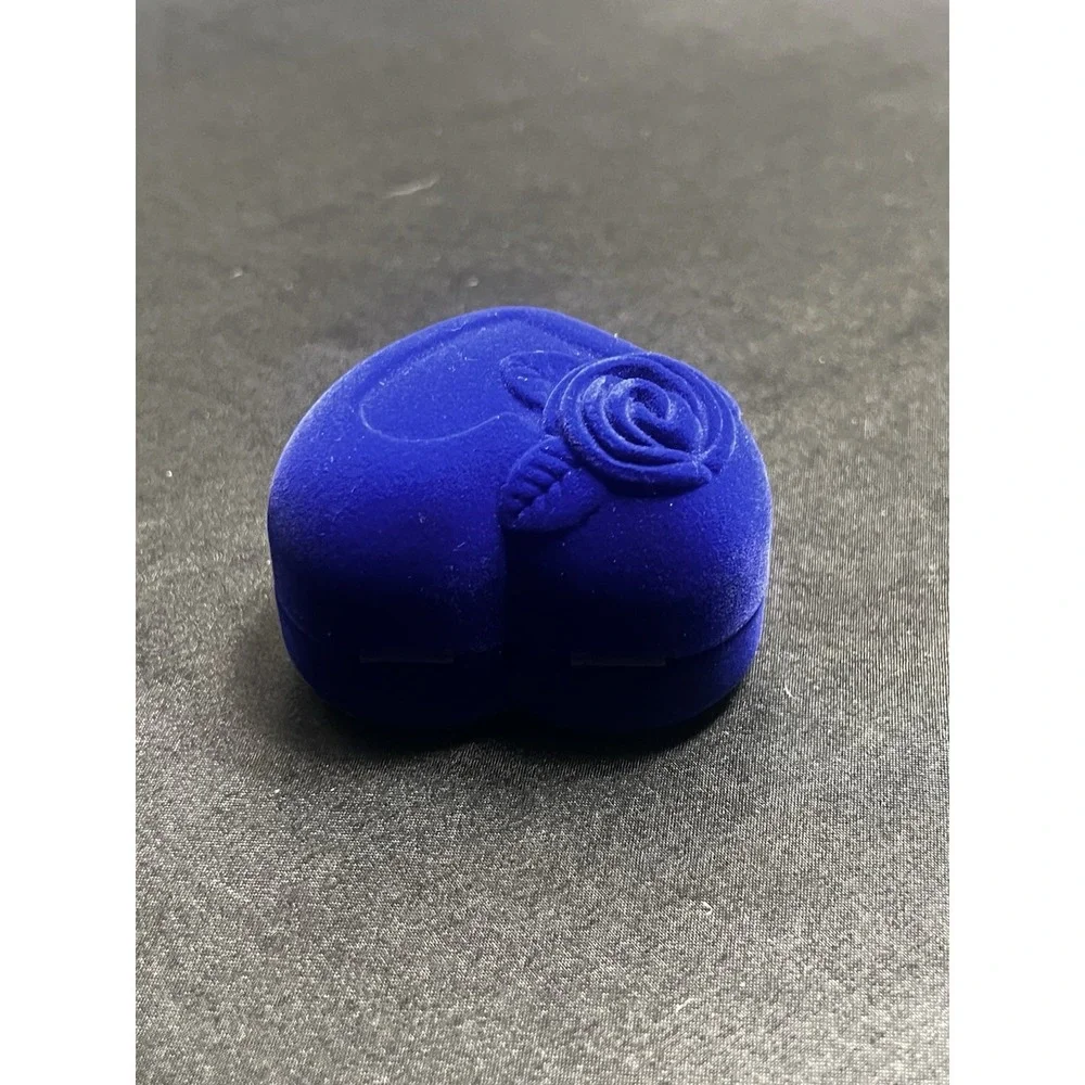 Gorgeous Vintage Blue Velvet Heart-Shaped Ring Box with Rose Design